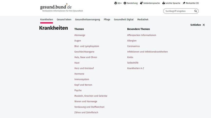 Rubrik „Krankheiten“ (© www.gesund.bund.de)