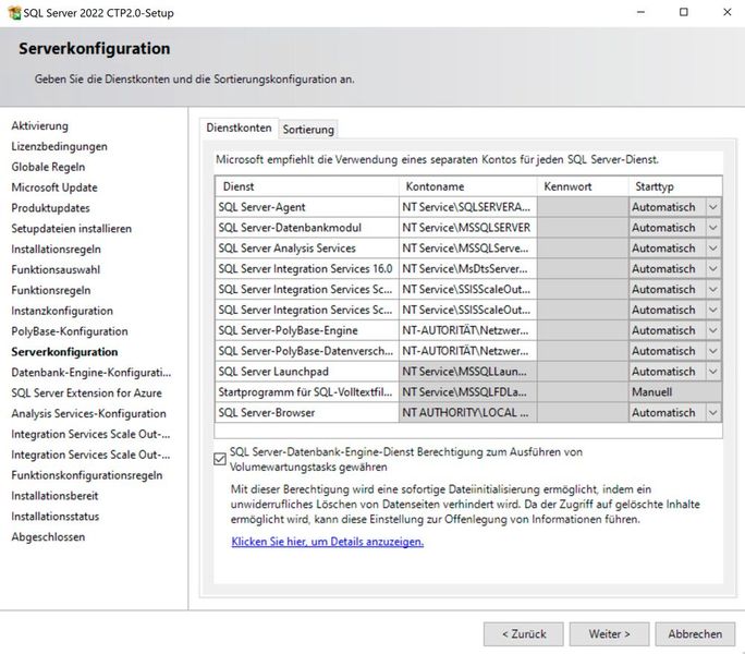 Steuern der Dienstkonten von SQL Server 2022 während der Installation des Datenbankservers.  (Bild: Joos (Screenshot))