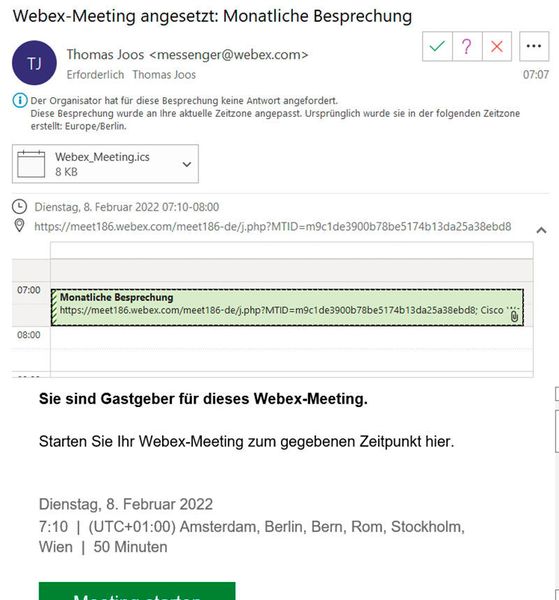 Nach dem Erstellen eines Meetings erhält der Host eine E-Mail und kann das Meeting auch in seinen Kalender eintragen. (Joos)