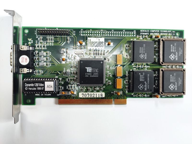 Hercules Dynamite 128 mit einem ET6000, dem letzten Chip von Tseng Labs (1996). 1997 wurde die Firma von ATI übernommen.  (Vogel IT-Medien)