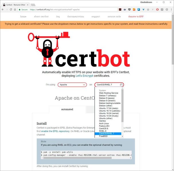 Automatisierte Herausgabe von SSL-Zertifikaten: Der Online-Assistent liefert Anweisungen zur Nutzung von Certbot für Letsencrypt. (Cloudinsidr.com)