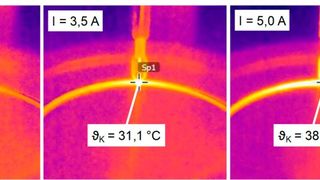 Bild 4: Infrarotaufnahme des Konstakstifts mit kugelförmigem Kopf im Durchmesser 2,3 Millimeter. Die Bilder entstanden bei verschiedenen Stromstärken und Temperaturen.  (Bild: IWF)