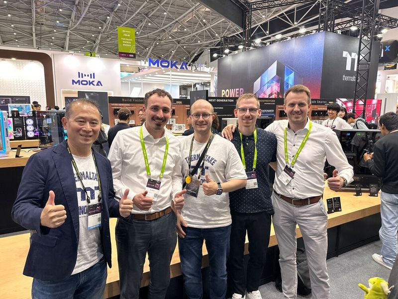 (v. l.) CEO Kenny Lin (Thermaltake), CEO Christian Leschner (Alternate), Sebastian Groß (Thermaltake), David Neumann und Vincent Wedow (Alternate). (Bild: Vogel IT-Medien)