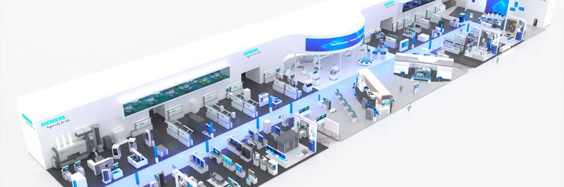 In Halle 9 zeigt Siemens auf rund 4000 Quadratmetern zahlreiche Erweiterungen seines Digital-Enterprise-Angebots für die digitale Transformation der Fertigungs- und Prozessindustrie. (Bild:  Siemens)