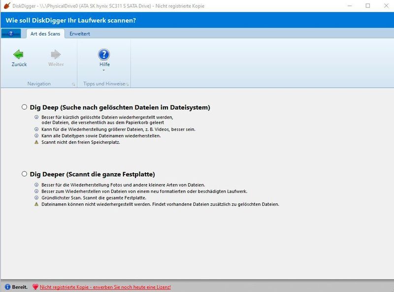 Auswählen der Scanoptionen für DiskDigger. (Joos/DiskDigger (Screenshot))