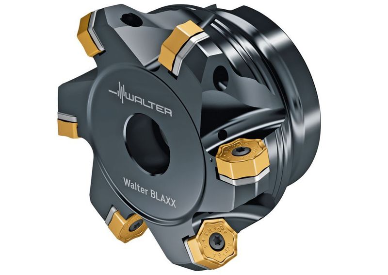 Tiger·tec Gold im Walter-­Blaxx-Heptagon-Fräser M3024. Schon heute  vielfältig einsetzbar, wird  die neue Walter-Sorte  WKP35G künftig für immer mehr Werkzeuge verfügbar sein. (Walter AG)