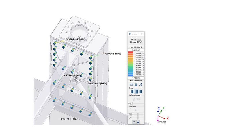 Ein Entwicklungsdienstleister entschied sich für die Simulationssoftware Simsolid von Altair, um die Maschinengestelle zu analysieren und optimieren. Das Bild zeigt die Ergebnisse der Von-Mises-Spannungen an Schrauben.  (Altair)