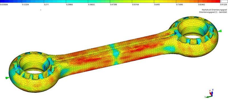 Die Füllsimulation gibt Informationen zur Faserorientierung, die sich im Bauteil auf die Lastverteilung und Festigkeit auswirkt. (Bild: Fraunhofer LBF)