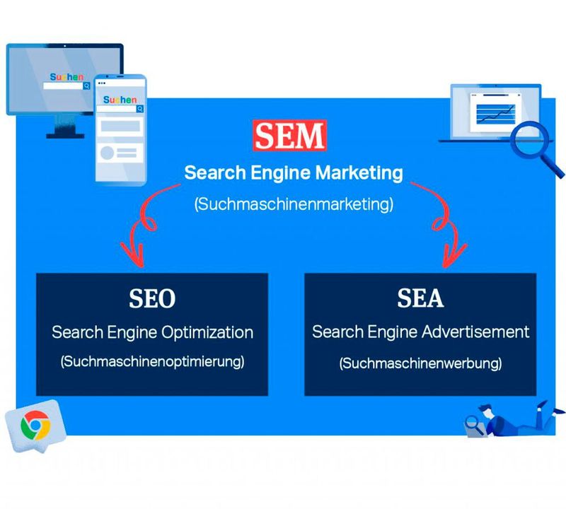SEM ist der Überbegriff für die beiden Disziplinen SEO und SEA.