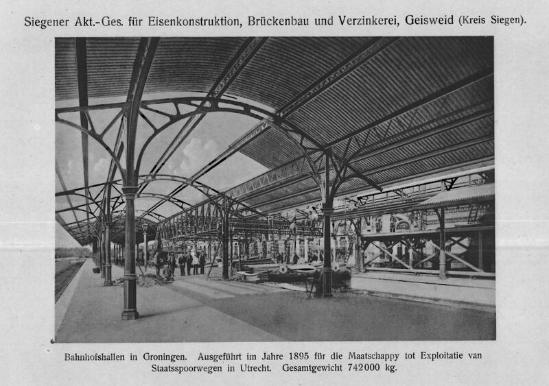 Bahnhofshalle Groningen, ein Referenzprojekt der früheren SAG. Ausgeführt im Jahre 1895 für die Maatschappy tot Exploitatie van Staatsspoorwegen in Utrecht. Gesamtgewicht 742 000 kg. (The Coatinc Company)