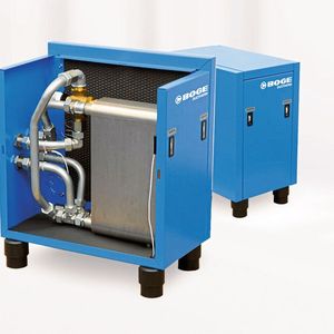 Mit bis zu 94 Prozent zurückgewonnener Energie überzeugen die Komponenten zur Wärmerückgewinnung bei den Schraubenkompressoren von Boge, bei der die zur Drucklufterzeugung aufgewendete Energie weiterverwertet wird.(Bild:  Boge)