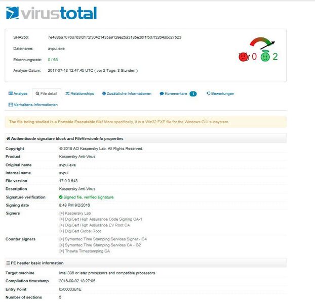 Hinweise von VirusTotal zum hochgeladenen „Prozess“ AVPI.EXE, der zur Security-Lösung von Kaspersky Labs gehört. (R. Dombach)