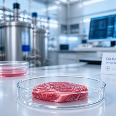 La viande cultivée en éprouvette pourrait un jour réduire le recours à l'élevage intensif (image symbolique). (Bild: KI-generiert)