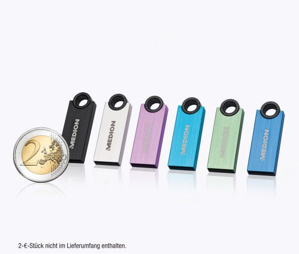 Die kleinen Medion-USB-Sticks können leicht am Schlüsselbund befestigt werden. (Bild: Aldi Nord)