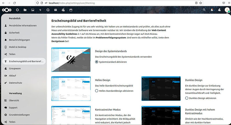Konfigurieren der Designeinstellungen für die persönliche Oberfläche in Nextcloud sowie Nutzen der Optionen für die Barrierefreiheit. 

 (Bild: Joos - Nextcloud)