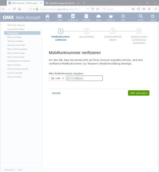 ...und Mobilfunknummer... (Screenshot (gmx.de))