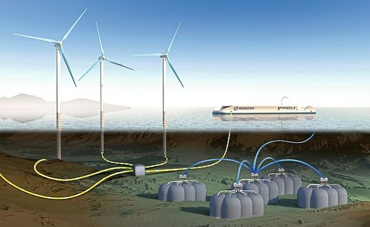 So soll die Remora-Anlage mal aussehen: Ein Modul über Wasser, auf dem die Technik verstaut ist und eines unter Wasser, wo die eigentliche Speicherung stattfindet. So soll die Remora-Anlage mal aussehen: Ein Modul über Wasser, auf dem die Technik verstaut ist und eines unter Wasser, wo die eigentliche Speicherung stattfindet.