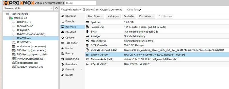 Anzeigen des Speicherortes einer VM in einer RAM-Disk. (Bild: Joos - Proxmox Server Solutions)