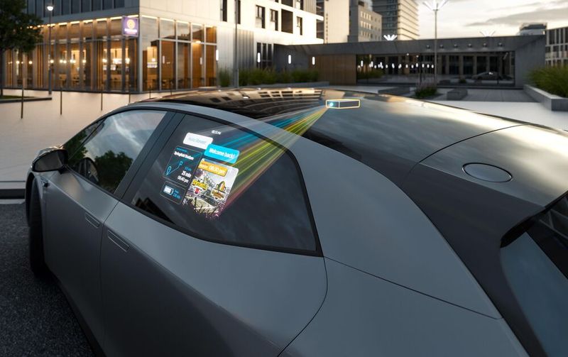 Continental hat einen Scheibenprojektor für Autos entwickelt. So kann beispielsweise der Ladezustand des Fahrzeugs nach außen sichtbar auf die hintere Seitenscheibe projiziert werden. Dafür nutzt das System einen leistungsstarken Miniatur-Projektor, eine vollständig elektrisch abdunkelbare Seitenscheibe, die als Projektionsfläche dient, und intelligente Software. (Bild: Continental)