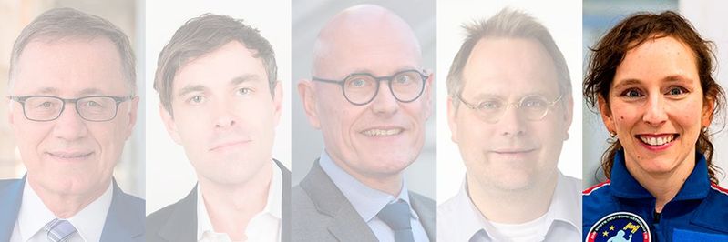 Die Keynote-Speaker Prof. Dr.-Ing. Wilhelm Bauer, Prof. Dr. Marco Gercke, Dr. Klaus Höffgen, Pascal Matzke und Dr. Suzanna Randall [v.l.n.r] des Enterprise Workspace Summits im Portrait. Heute: die Astronautin Dr. Suzanna Randall.(Bild:  VIT [M])