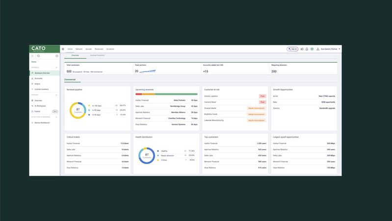 Die Business-Overview-Seite im Cato-MSASE-Business-Center bündelt für Partner Kennzahlen zu Kundenkonten, Lizenznutzung, Vertragsverlängerungen und Supportfällen.(Bild:  Cato Networks)