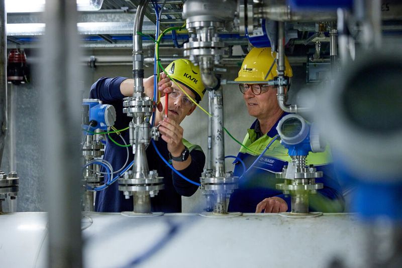 Rasmus Kærsgaard (links), Betriebsleiter bei Quantafuel, und Dr. Michael Bachtler (rechts), der am ChemCyclingTM -Projekt der BASF arbeitet, auf einem Rundgang durch die Pyrolyse- und Aufreinigungsanlage von Quantafuel in Skive, Dänemark. (BASF SE)
