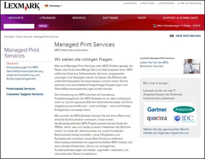 Managed Print Services von LexmarkLexmark unterscheidet bei seinen Print Services zwischen BPS und MPS. Mit dem Page Plus Business Programm unterstützt Lexmark seine Fachhändler, auch ohne Fachwissen oder Ressourcen BPS anzubieten. Mit dem Lexmark Fleetmanager unterstützt Lexmark seine Partner beim Angebot von MPS.  ()