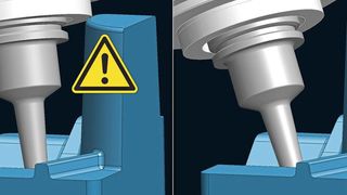 Mögliche Kollisionen mit dem Maschinenkopf werden beim 5-achsigen simultanen Ausweichfräsen automatisch vermieden. (Bild: Tebis AG)