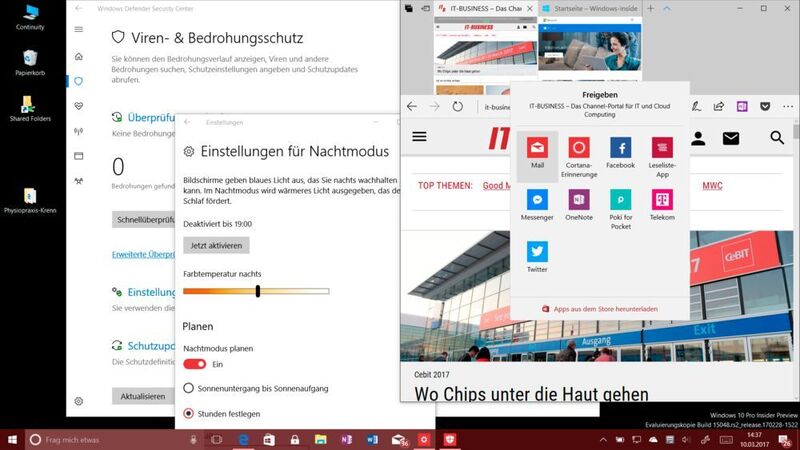 Windows hat nun einen eigenen Nachtmodus mit angepasster Hintergrundbeleuchtung und der Edge eine Tab-Vorschau, die dauerhaft sichtbar bleiben kann. Auch der Dialog für das Teilen von Inhalten hat sich verändert. (Vogel IT-Medien)