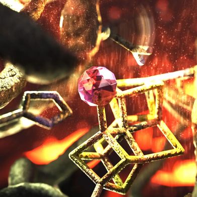 Illustration des Kerns der hitzestabilen Nitrogenase aus einem Tiefsee-Mikroorganismus. Zu sehen ist der Metallo-Kofaktor, der das Stickstoffgas in Ammonium umwandelt. 
 (Bild: © Tristan Wagner / Max-Planck-Institut für Marine Mikrobiologie. Illustration von Benjamin Large, Sc·EYE·nce)