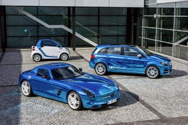 Mercedes-Benz und smart auf dem Mondial de l’Automobile 2012 in Paris: SLS AMG Coupé Electric Drive, Concept B-Class Electric Drive und smart fortwo electric drive (Daimler AG)