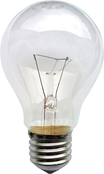 1881 folgte der Edisonsockel: Edison entwickelte grobe Gewindegänge mit runden Flanken, die sich einfach in den Blechsockel von Glühbirnen und Sicherungen drücken lassen.  (Glühlampe mit E27-Sockel (230 V, 60 W, 720 lm, Höhe etwa 110 mm) / KMJ / CC BY-SA 3.0)