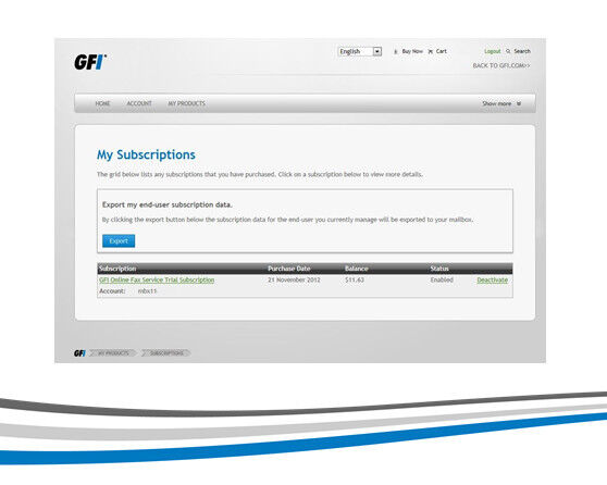 Das Abonnement lässt sich über das Online Kundenportal verwalten, in dem Kunden den Service erweitern oder kündigen und ihre bisherigen Transaktionen ansehen und exportieren können. (Bild: GFI Software)