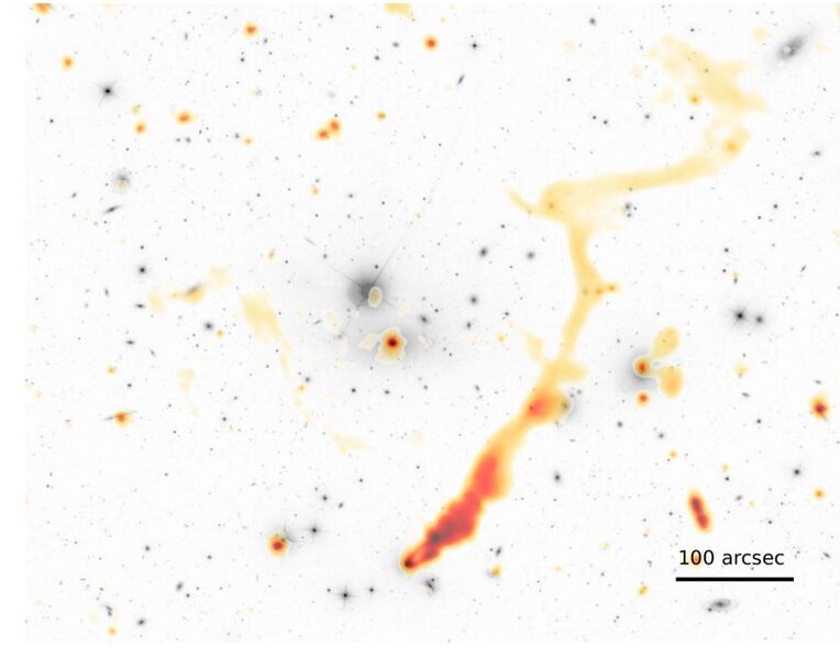 19: Eine neue Sicht auf das Universum: Das Bild zeigt das Galaxiencluster Abell 1314. In Grautönen ist ein Stück vom Himmel zu sehen, wie wir ihn im sichtbaren Licht wahrnehmen. Die orangefarbenen Farbtöne zeigen die radioemittierende Strahlung im gleichen Teil des Himmels. Das Radiobild sieht gänzlich verschieden aus und ändert unsere Annahmen darüber, wie Galaxien entstehen und sich entwickeln. Diese Objekte befinden sich in einer Entfernung von etwa 460 Millionen Lichtjahren von der Erde. In der Mitte jeder Galaxie befindet sich ein schwarzes Loch. Fällt Materie in die schwarzen Löcher, wird eine gigantische Menge an Energie freigesetzt und Elektronen werden wie ein Wasserstrahl ausgestoßen. Diese beschleunigten Elektronen erzeugen eine Radioemission, die sich über riesige Entfernungen erstrecken kann und bei optischen Wellenlängen nicht sichtbar ist. (Rafaël Mostert/LOFAR Surveys Team/Sloan Digital Sky Survey DR13 / CC BY 3.0)