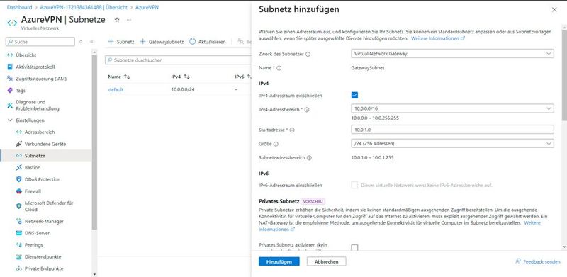 Erstellen eines neuen Subnetzes für die Verwendung mit einem Azure VPN-Gateway (Bild: Joos - Microsoft)
