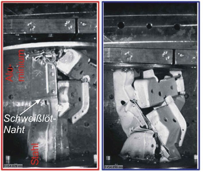 Bild 8: Das Crash-Verhalten von Längsträgern im Vergleich zeigt, dass die Stahlkomponente (links) des Hybridteiles ihre Form und den gewünschten Abstand einhält, während der reine Stahlträger (rechts) über die gesamte Länge verformt ist.  (Bild: Fronius)