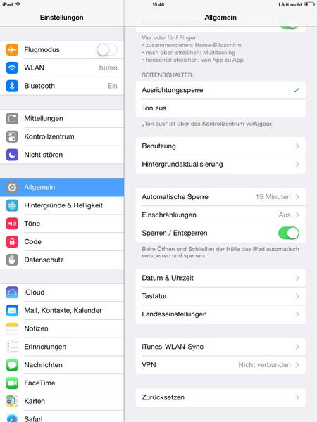 Nachdem ein Code für das iPad eingegeben wurde, muss über Einstellungen\Allgemein noch die automatische Sperre aktiviert werden. (Bild: Joos)