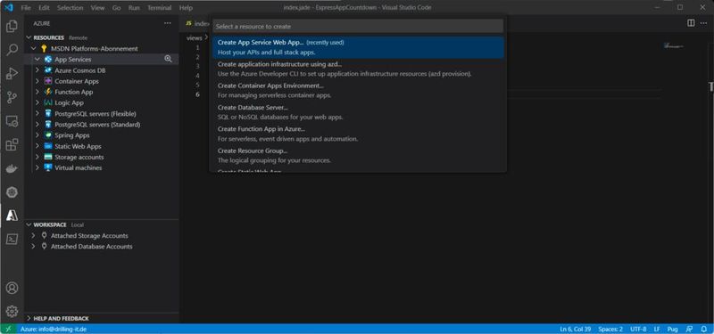 Bereitstellen einer Azure App Services-App aus VS Code mit Hilfe der passenden Extension.
