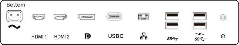 Zu den Anschlüssn des Monitors zählt auch eine RJ45-Buchse für den integrierten LAN-Adapter, der via USB-C herausgeführt wird. (Philips)