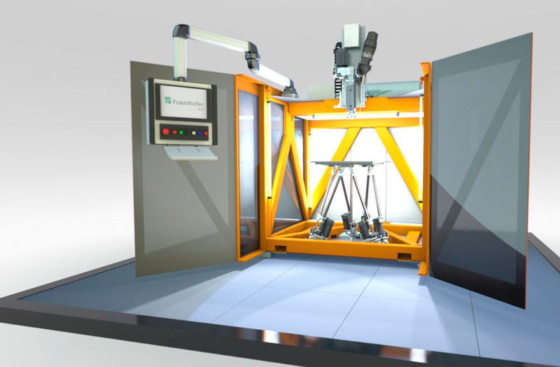 Forscher des Fraunhofer IWU zeigen auf der Hannover Messe einen neuen 3D-Drucker, der Kunststoffbauteile achtmal schneller und 200-mal günstiger drucken kann. Das soll stabile Bauteile in Großserien ermöglichen. Die Prozessgeschwindigkeiten werden möglich, da der neue Drucker Werkzeugmaschinentechnologie mit 3D-Druck kombiniert. Besucher finden den Drucker in  Halle 2, Stand C22.  (Fraunhofer IWU)