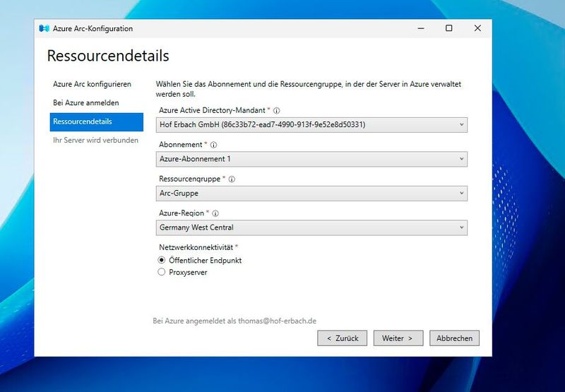 Konfigurieren der Verbindung zwischen Azure Arc und Portal. (Bild: Joos - Microsoft)