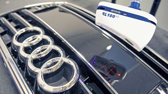 Another Ethernet CMM laser scanner from LK Metrology capturing point cloud data from an Audi front grille.(Source:  LK Metrology)