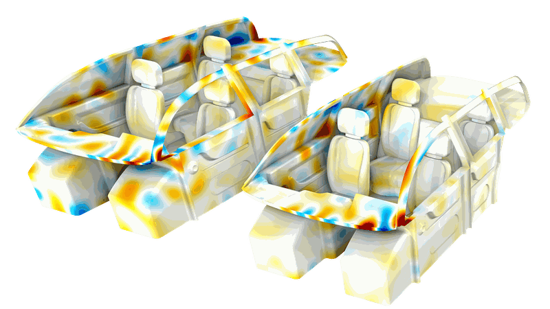 Akustiksimulationen in Innenräumen, wie die hier gezeigte Simulation einer Fahrzeugkabine, profitieren von der GPU-Beschleunigung durch Nvidia in Version 6.4. Dadurch sind schnellere und skalierbarere Analysen möglich.(Bild:  Comsol)