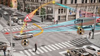 Car-to-X-Kommunikation und Sensortechnologien verwandeln heutige gefährliche Kreuzungen in intelligente und dadurch deutlich sicherere Kreuzungen zum Schutz von schwächeren Verkehrsteilnehmern wie Fußgängern und Radfahrern. (Continental)