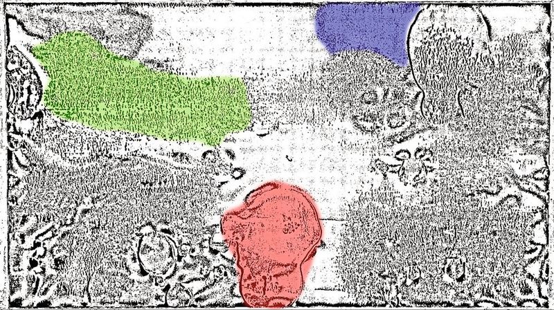 Drei exemplarisch ausgewählte kritische Muster (jeweils eingefärbt). Rot: Placks, selektiv für UV-Bindungsprobleme, Grün: Spätzle, selektiv für Polymerisationsprobleme und Blau – Sandpapier, selektiv für Probleme mit der Oberflächenaktivierung oder Oberflächenenergie.  (Bild: Wammes & Partner)