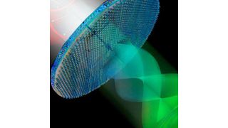 A metasurface uses circularly polarized light to generate and control new and complex states of light, such swirling vortices of light. The new tool can be used to not only explore new states of light but also new applications for structured light.  (Image courtesy of Second Bay Studio/Harvard Seas)