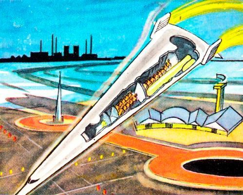 Der fliegende Zuckerhut: Keine Flügel, aber Tempo –  
Der fliegende Zuckerhut besitzt im Weltflugverkehr noch Seltenheitswert. Er gleicht den Fern-Expreßzügen auf der Erde. Auch sie gibt es nicht in Massen, wie die meisten anderen Verkehrsmöglichkeiten der Eisenbahn. Die Düsenliner sind vom fliegenden Zuckerhut längst überrollt. Er ist zum Schnellreise-Flugzeug geworden, das nur auf weiten Strecken zum Einsatz kommt. Dann aber hat die Maschine es besonders eilig; denn mit einer Geschwindigkeit von 3100 Kilometern in der Stunde rast sie von Kontinent zu Kontinent. Sie besitzt keine Fenster und keine Tragflächen. Darauf hat man zugunsten des Gewichtes verzichtet und dafür Triebwerke einbauen lassen. Allein 56 Hubstrahltriebwerke sorgen für Start und Landung. 12 Treibstrahltriebwerke bewirken den Schub nach vorn. Sie sind in den stummelartigen Heckflossen montiert. Da der rasende Zuckerhut durch seine auch nach unten wirkenden Triebwerke senkrecht starten und landen kann, besitzt er — im Gegensatz zu den älteren Großflugzeugtypen — die Möglichkeit, auch kleinere Flughäfen anzusteuern. Er ist also völlig unabhängig von den Weltflughäfen mit langen Rollbahnen, die immer noch die Düsenliner benutzen müssen. Eine großartige Leistung vollbringt der neue Luftexpreß auch dann, wenn er seine Schubkraft so weit drosselt, daß der fliegende Zuckerhut in der Luft stillsteht.  (Die Welt von Morgen, Birkel-Sammelalbum, 1959 / retro-futurismus.de)