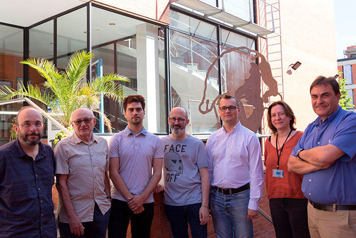 The researchers at the UPC Micro and Nanotechnology group, from left to right, Manel Domínguez; Luis Castañer; Sergi Gorreta; Vicente Jiménez; Lukasz Kowalski; Gema López and Santiago Silvestre. (UPC)