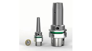 Dank der Additiven Fertigung kann etwa die Hydrodehnspanntechnik auch für Futter mit HSK-E25-Aufnahme und schlanker Kontur eingesetzt werden, wie die Mapal-Entwickler zeigen. Im Vergleich rechts davon ein Hydrodehnspannfutter mit HSK-A63-Aufnahme. Dieses Ergebnis öffnet viel Anwendungschancen für die Zerspanung im Miniformat. (Mapal)