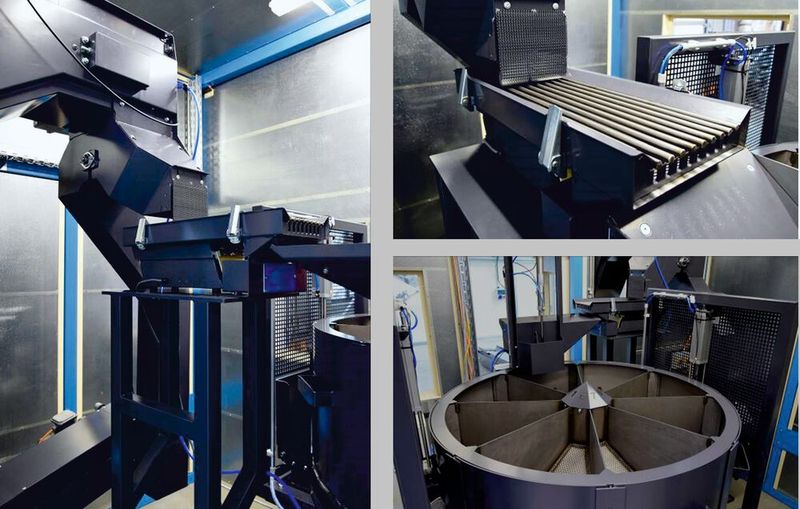 Der Vibrationsförderer trennt die gefertigten Teile durch Vibration von anhaftenden Spänen, Butzen und Öl. Diese fallen auf ein Gitter und werden abtransportiert, während die Teile weiter vorwärts vibrieren. Im anschließenden Puffer kann der Bediener dann kurzzeitig Teile vorhalten, falls der angeschlossene Chargierer gerade entleert wird. Dieser Dosierer wiederum besitzt acht Chargenkammern, die sich nacheinander zu beiden Seiten über eine Rutsche entleeren können. (Bild: Gepe)